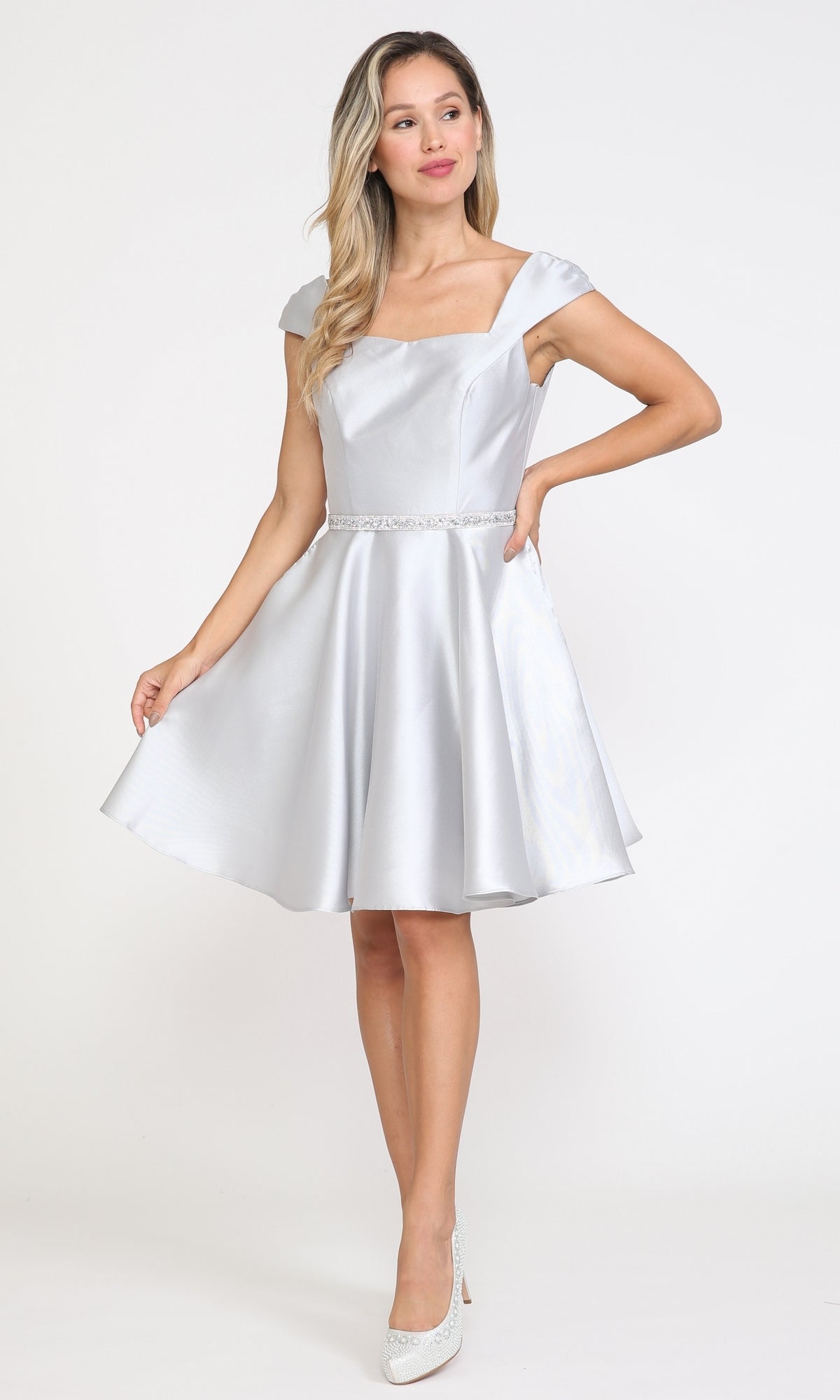 Cap-Sleeve Short Homecoming Dress with Pockets 8416