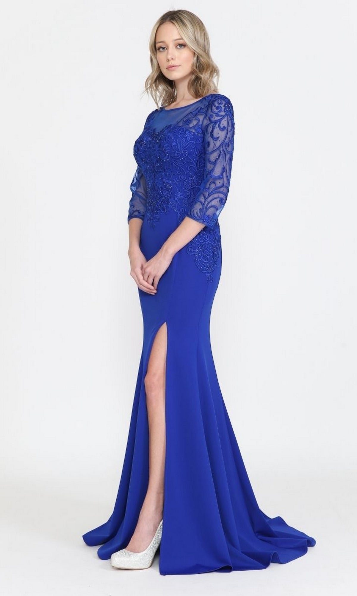 Embroidered Sheer-Sleeved Long Prom Dress 8564