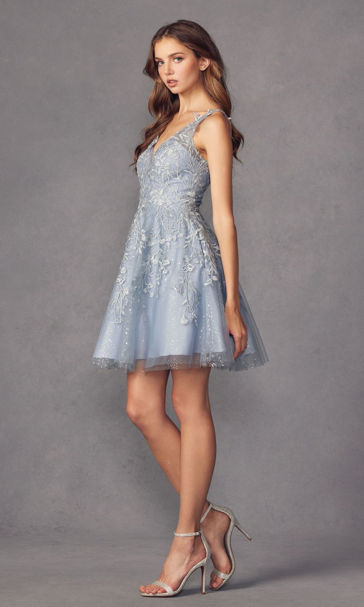 Glitter-Floral A-Line Homecoming Dress - PromGirl