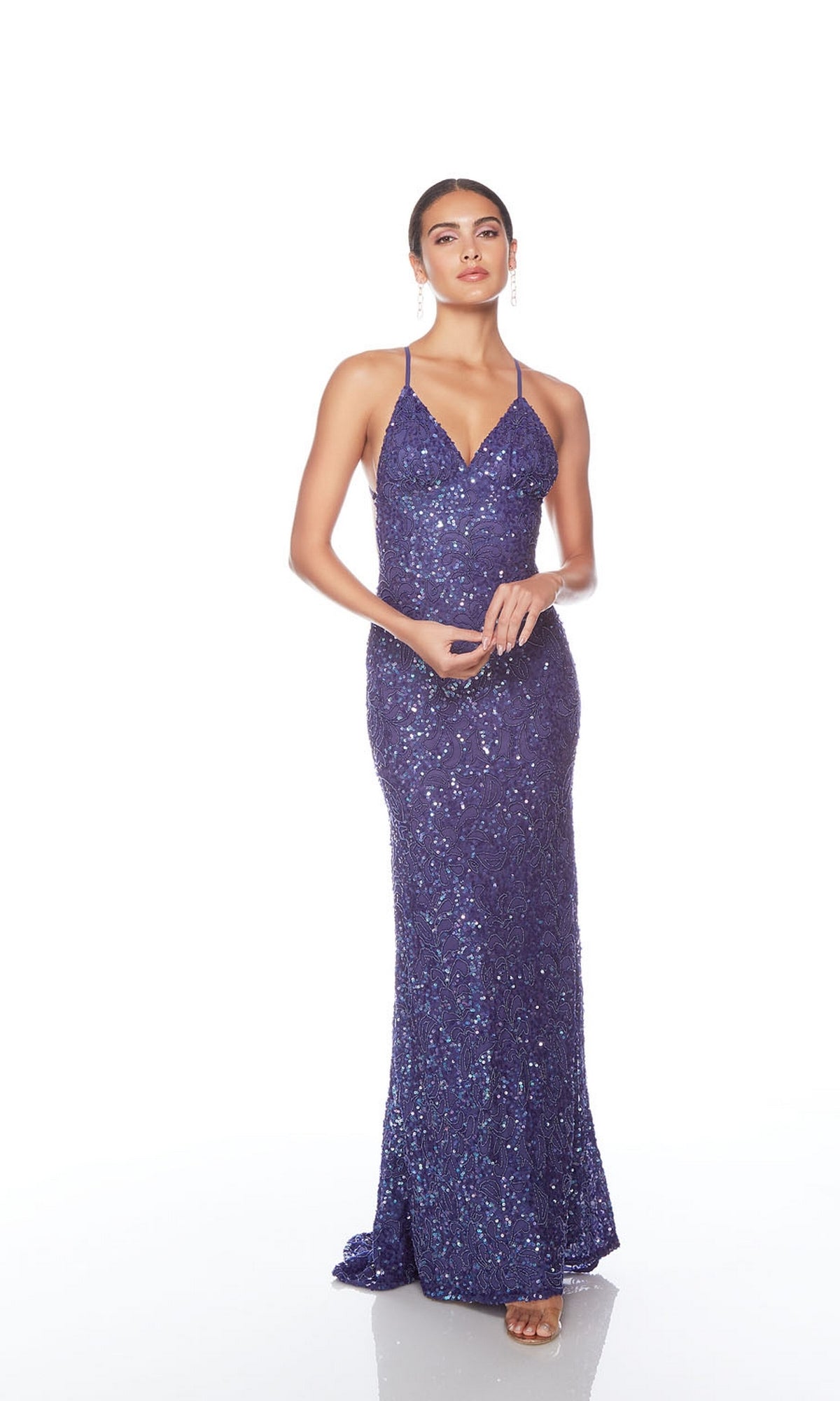 Backless Alyce V-Neck Sequin-Print Prom Dress 88009