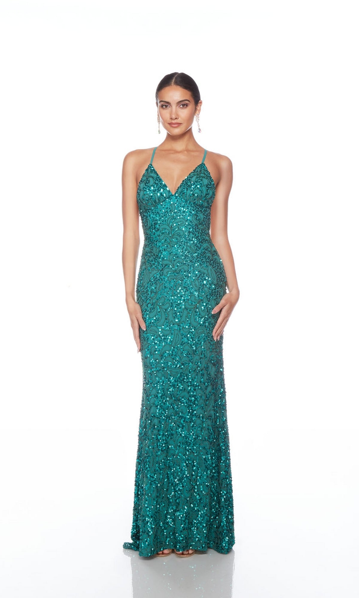 Backless Alyce V-Neck Sequin-Print Prom Dress 88009