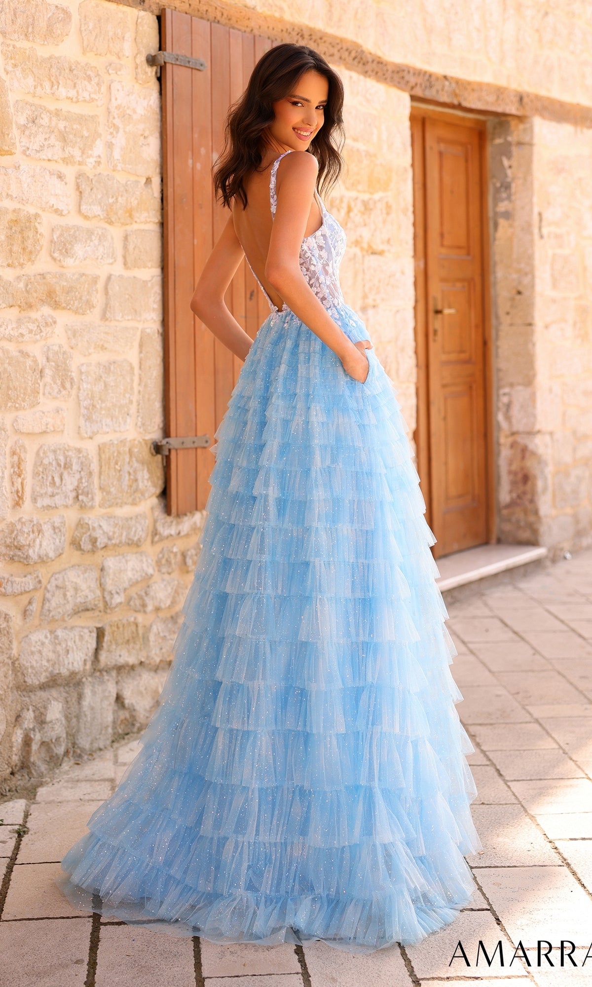 Amarra Deep V-Back Long Ruffled Prom Dress 88833