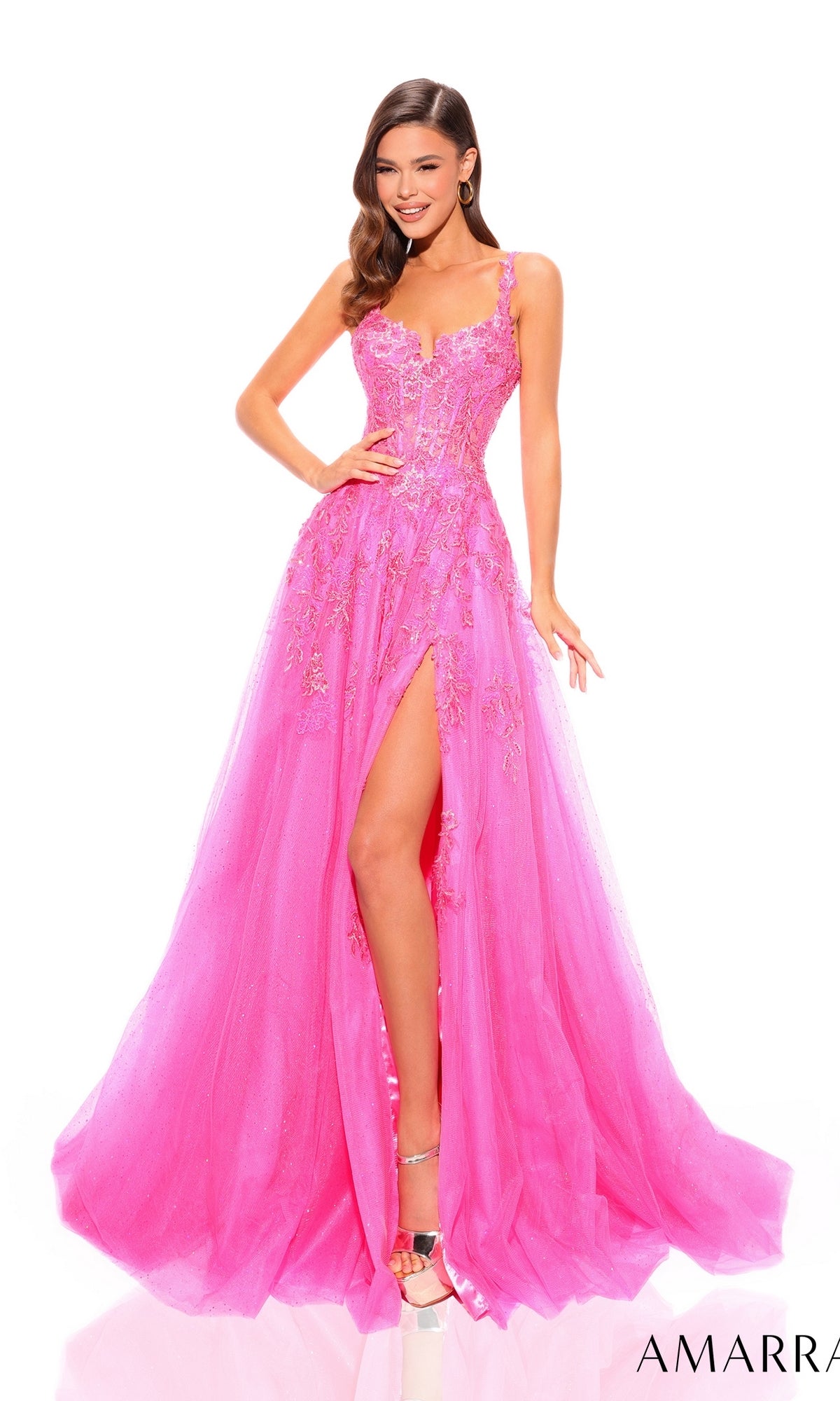 Amarra 88833 Long Prom Dress A-Line Sparkling Tulle Sheer Lace