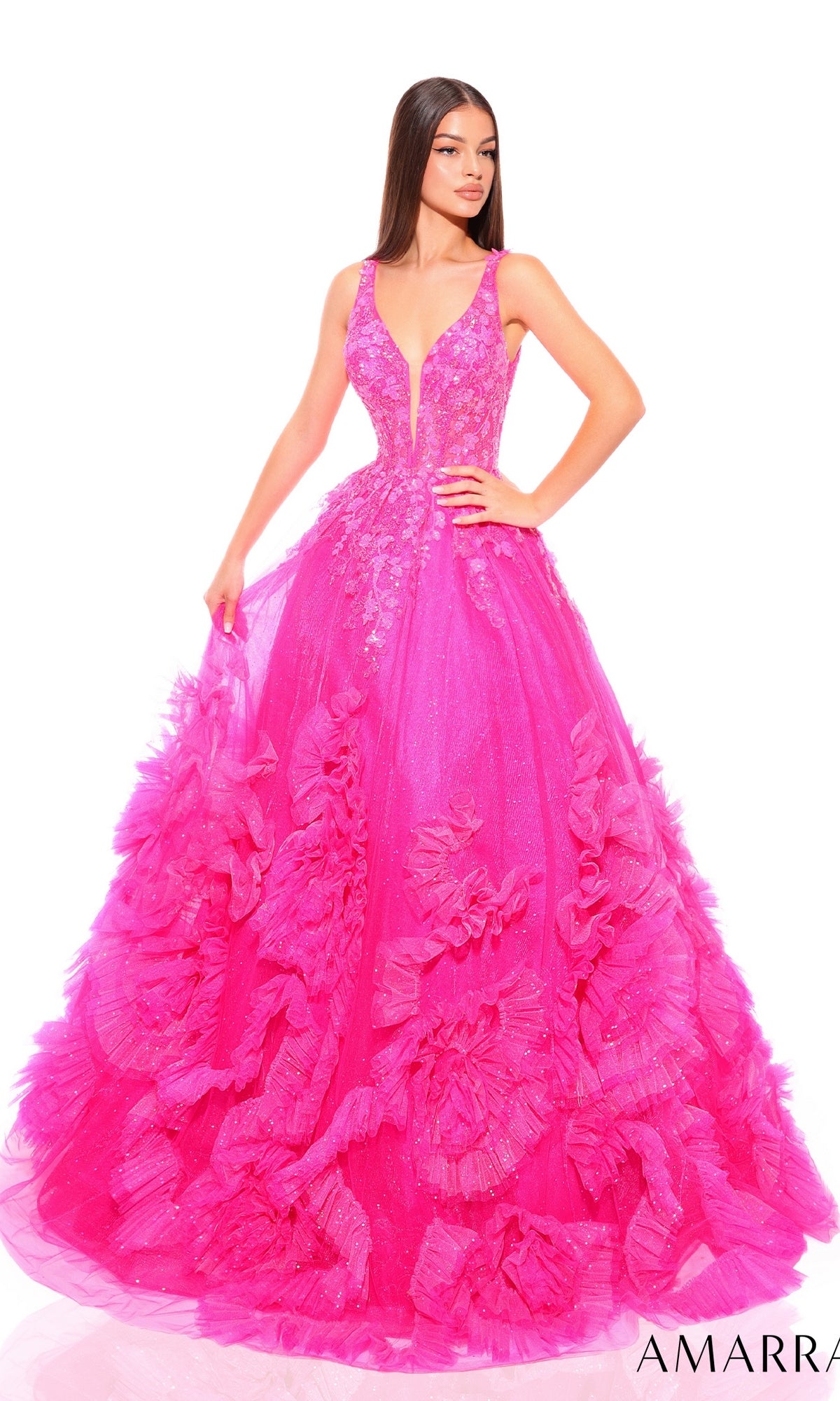 Amarra V-Neck Long Ruffled Prom Ball Gown 88880