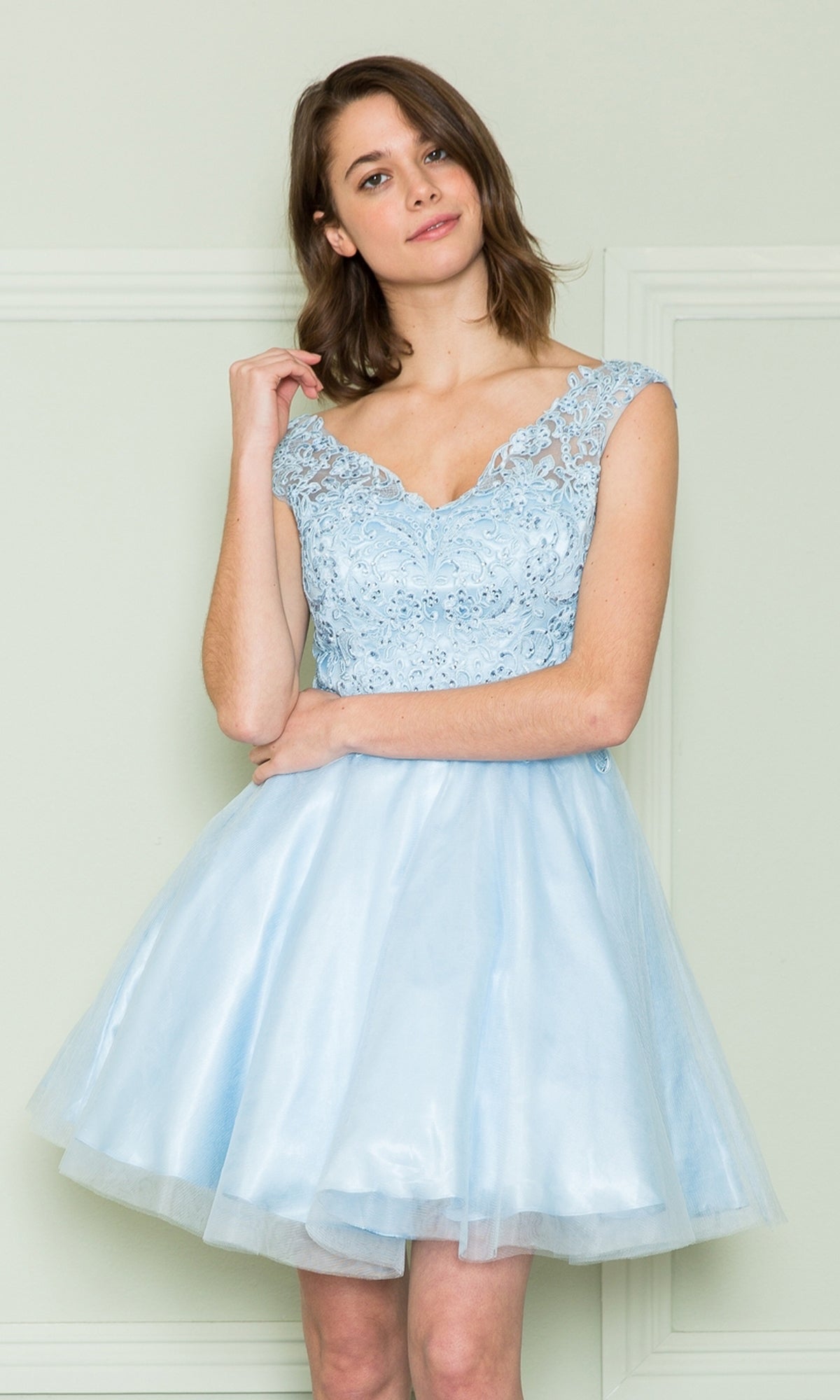 Short Babydoll Homecoming Dress with Lace - PromGirl