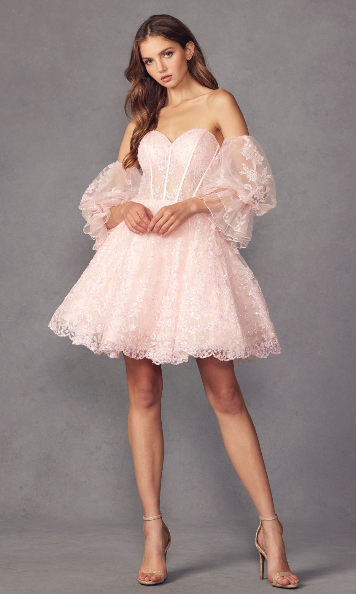 Short Strapless Prom Dress with Sleeves - PromGirl
