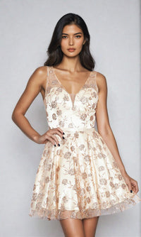 Floral-Glitter V-Neck Short Homecoming Dress 9202