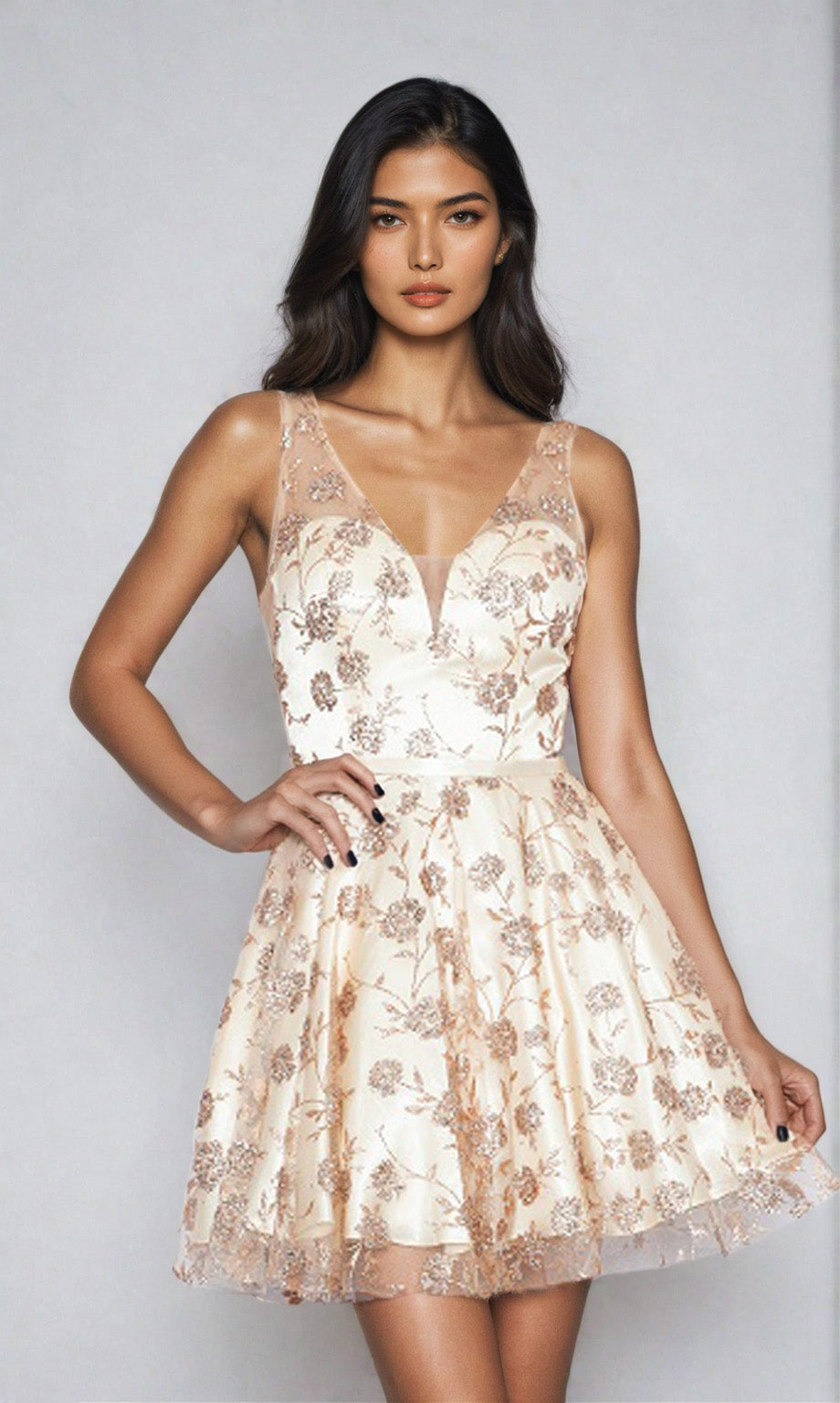 Floral-Glitter V-Neck Short Homecoming Dress 9202