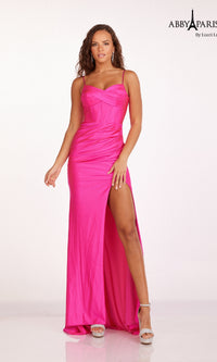 Ruched Corset Glitter Prom Dress: Abby Paris 90203