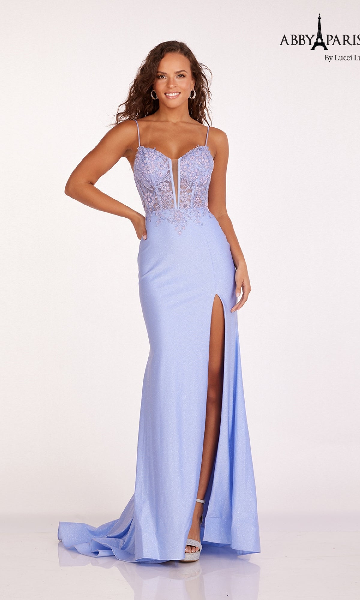 Sheer Corset Glitter Prom Dress: Abby Paris 90207