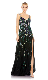 Floral-Sequin Long Black Formal Dress 9172