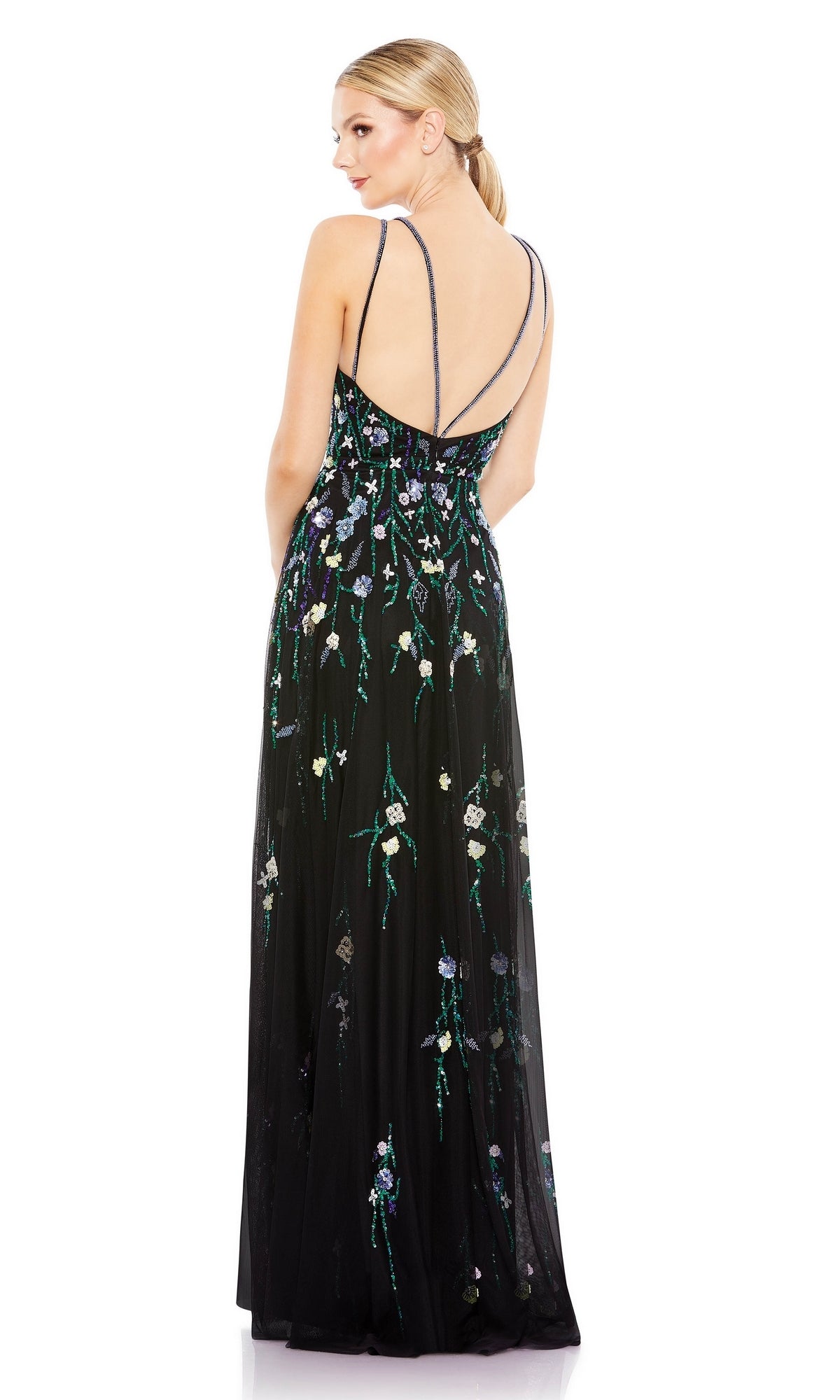 Floral-Sequin Long Black Formal Dress 9172