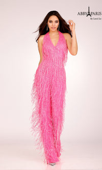 Halter Fringe Prom Jumpsuit: Abby Paris 92107