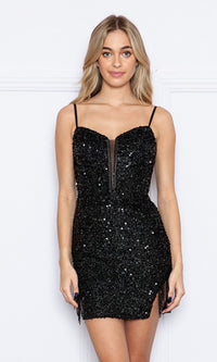 Lace-Up Sequin Homecoming Dress with Fringe 9212