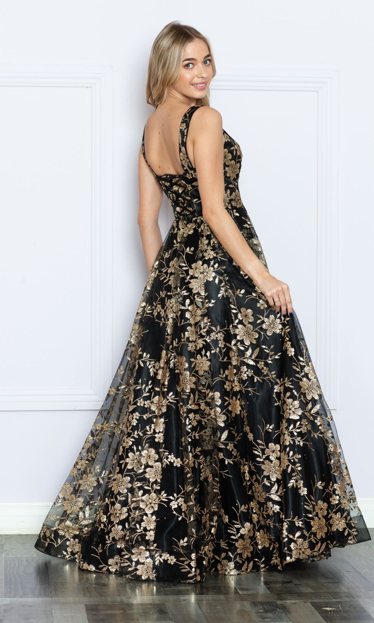 Glitter-Floral-Print Long A-Line Prom Dress 9298