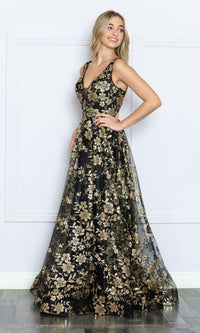 Glitter-Floral-Print Long A-Line Prom Dress 9298