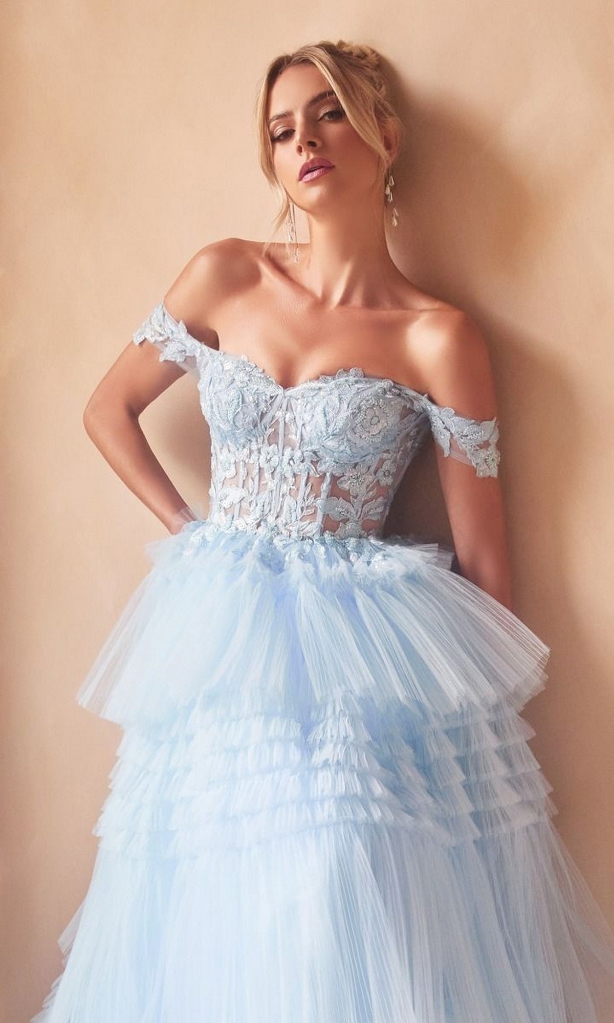 Lace-Bodice Long Ruffled Prom Ball Gown 9315