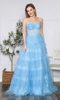 Corset-Back Long Tiered Sequin Prom Ball Gown 9328