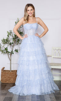 Corset-Back Long Tiered Sequin Prom Ball Gown 9328