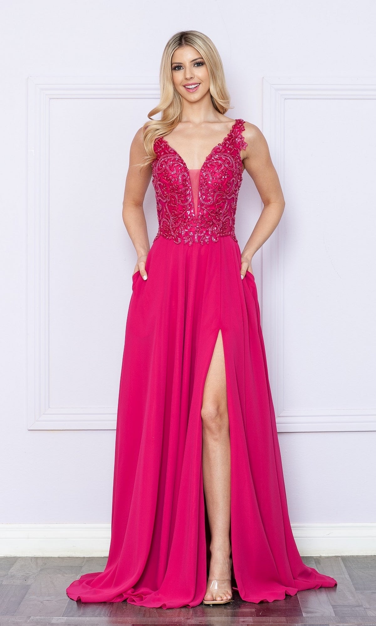 Beaded-Bodice Long A-Line Prom Dress 9366