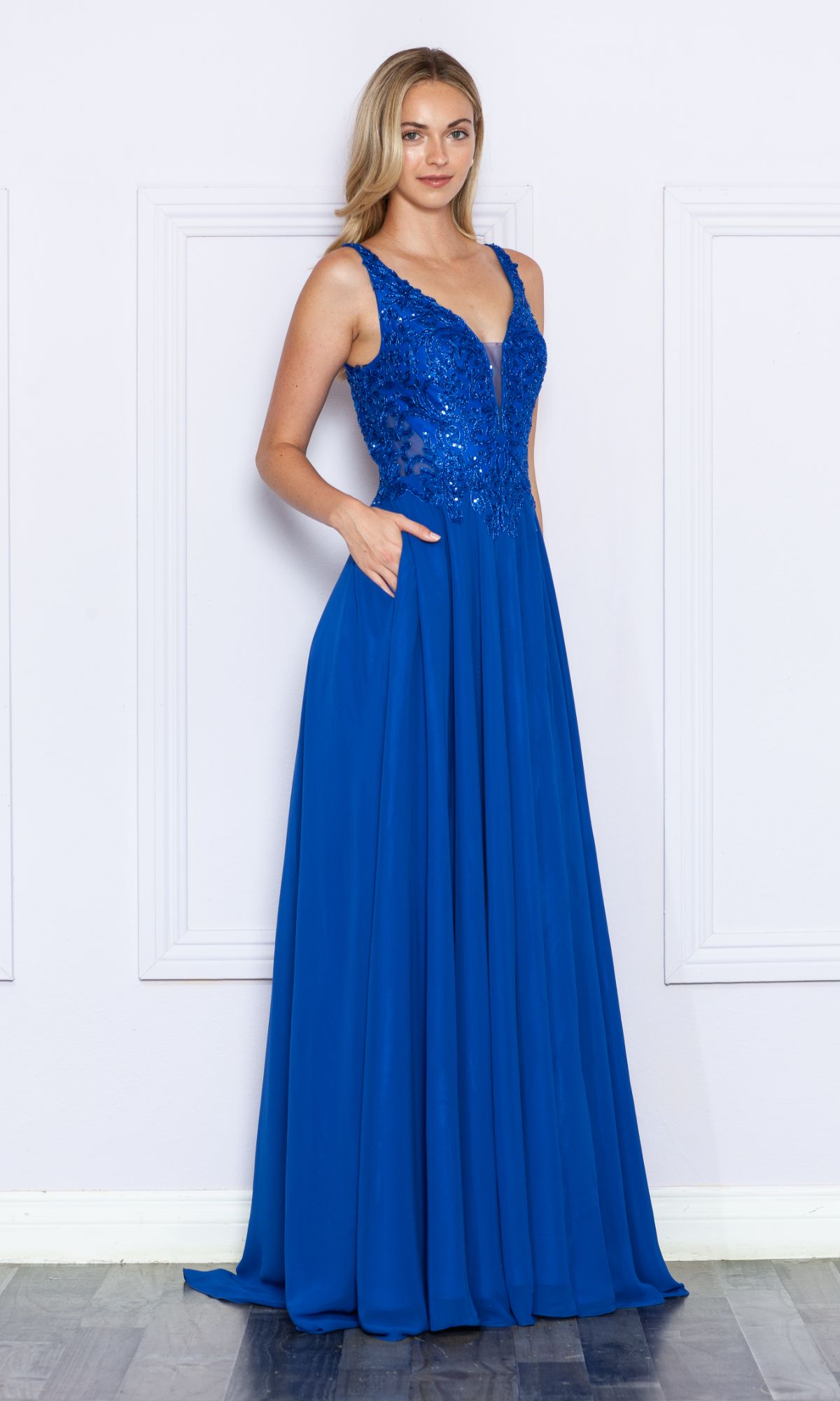 Beaded-Bodice Long A-Line Prom Dress 9366