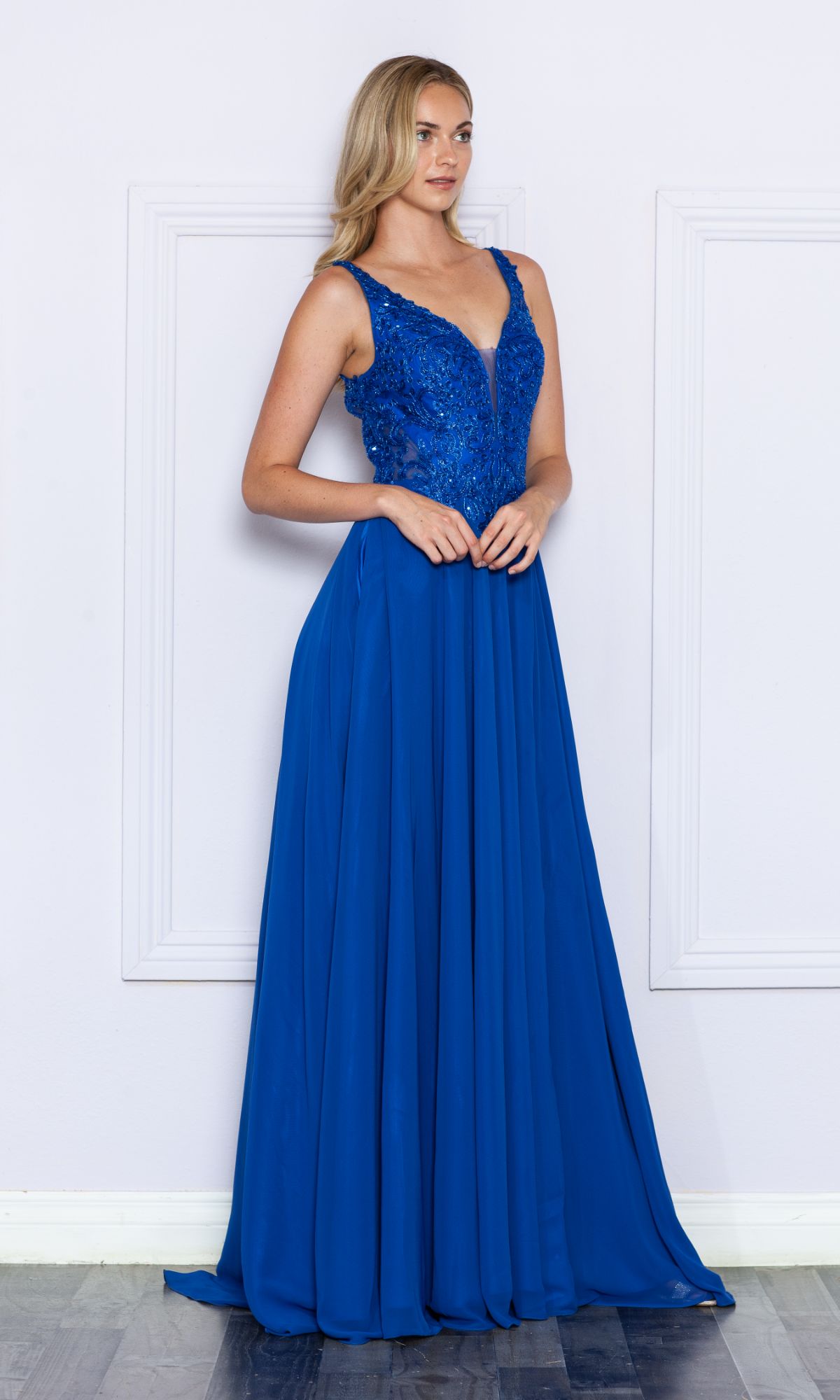 Beaded-Bodice Long A-Line Prom Dress 9366