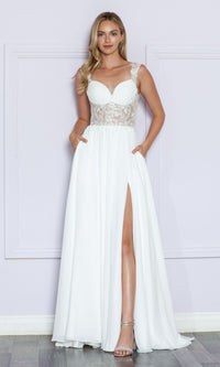 Sheer-Lace Bodice Long White Formal Dress 9376