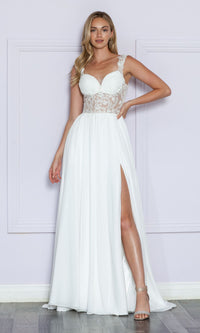 Sheer-Lace Bodice Long White Formal Dress 9376