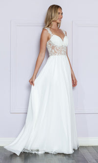 Sheer-Lace Bodice Long White Formal Dress 9376