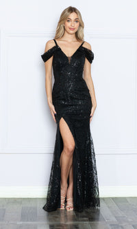 Long Black Sequin Cold-Shoulder Prom Dress 9384