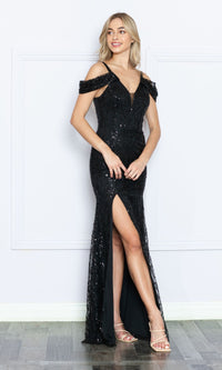 Long Black Sequin Cold-Shoulder Prom Dress 9384