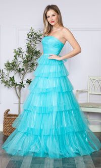 Strapless Long Tiered Glitter Prom Ball Gown 9386