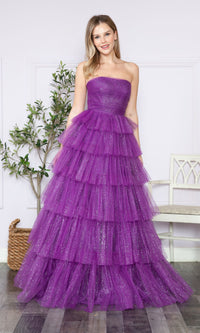 Strapless Long Tiered Glitter Prom Ball Gown 9386