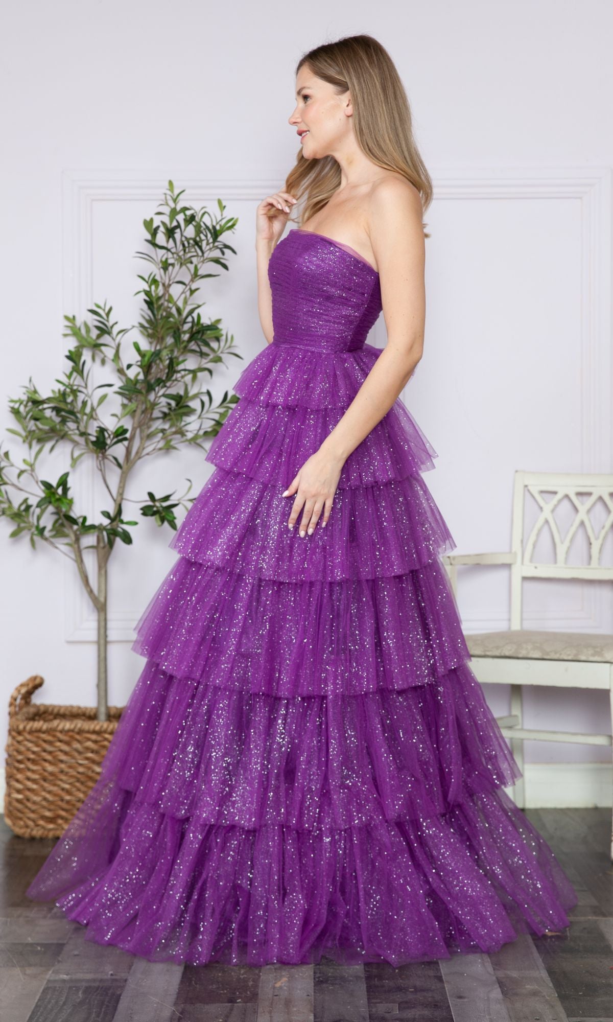 Strapless Long Tiered Glitter Prom Ball Gown 9386