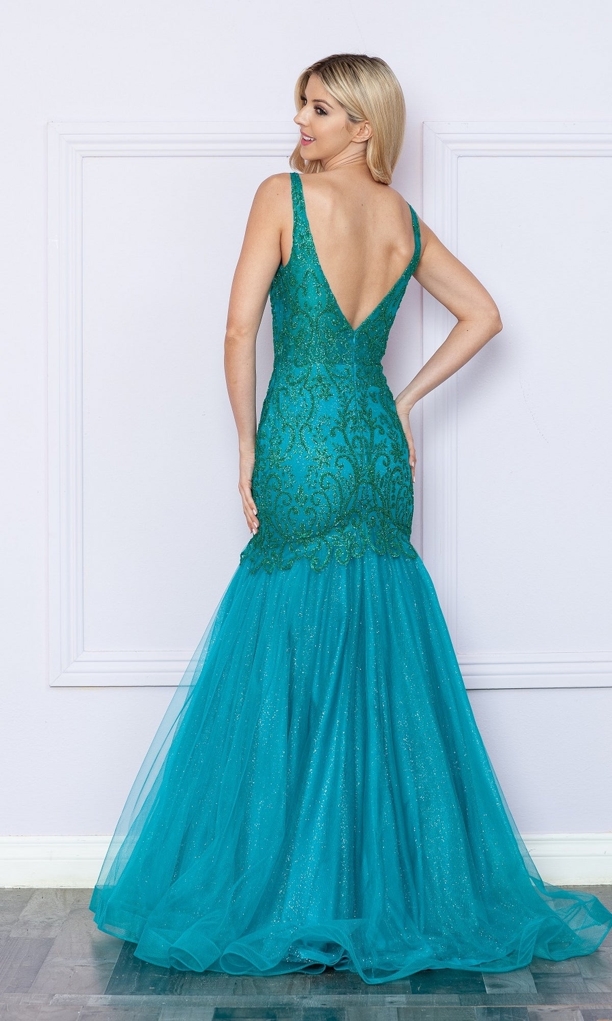 Low V-Neck Long Glitter Mermaid Prom Dress 9388