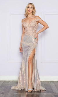 Sheer-Corset Long Sequin Prom Dress: Poly USA 9398