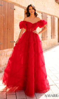 Amarra Puff-Sleeve Long Ruffled Prom Dress 94002