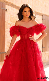 Amarra Puff-Sleeve Long Ruffled Prom Dress 94002