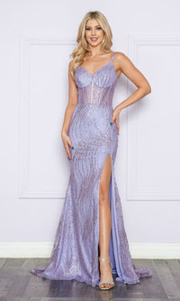 Sequin-Print Sheer-Waist Long Prom Dress 9400