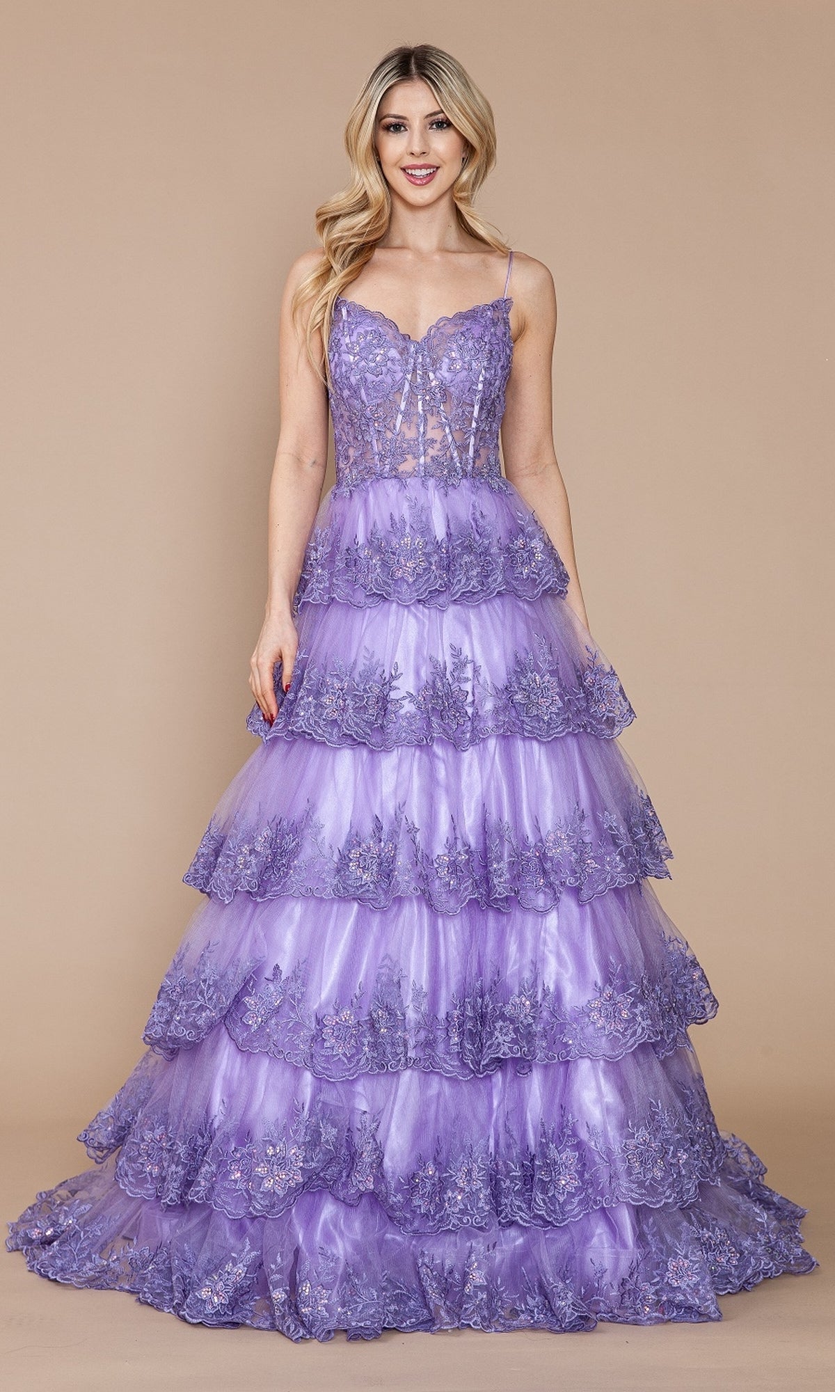 Sheer-Bodice Long Ruffle Prom Ball Gown: Poly 9402