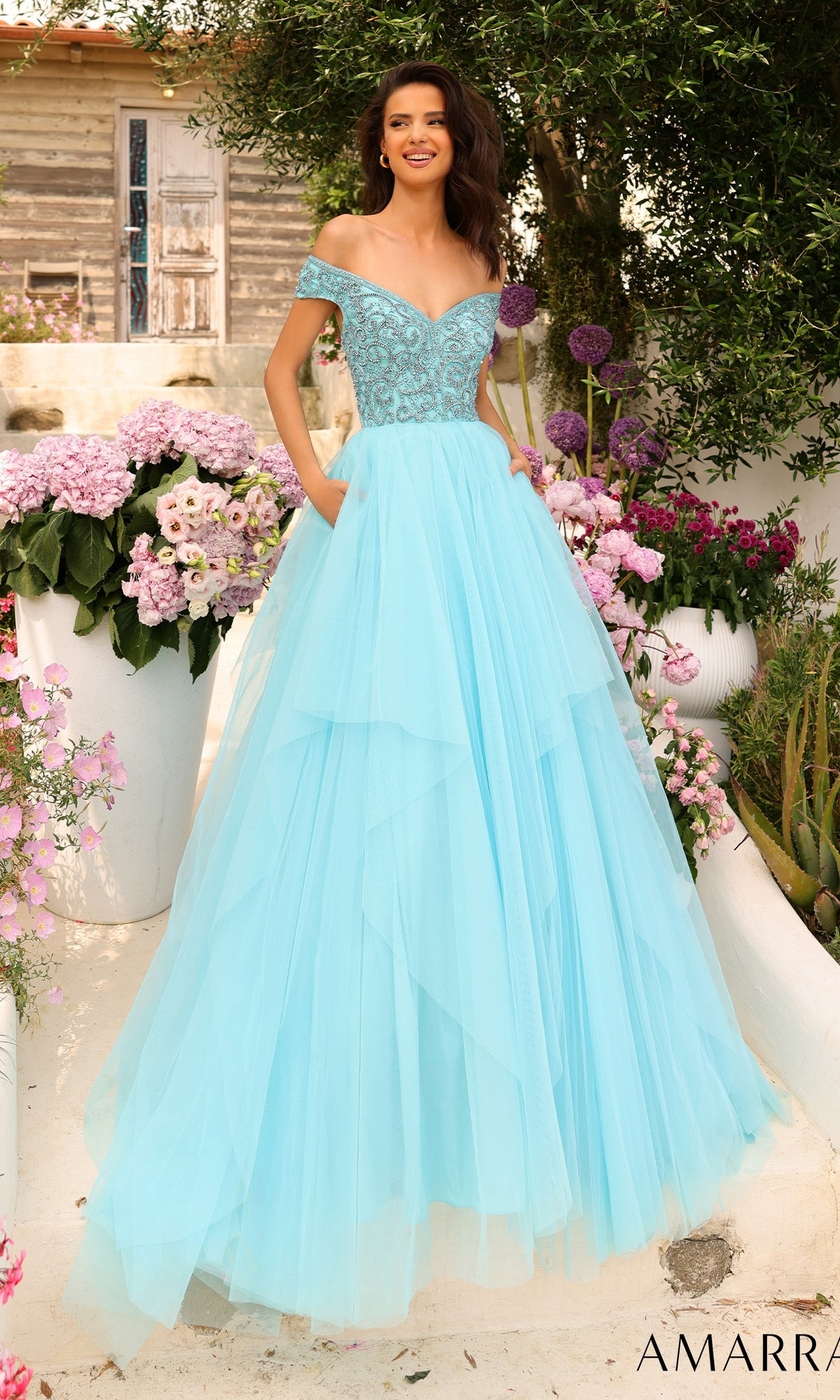 Beaded-Bodice Long A-Line Prom Dress: Amarra 94038