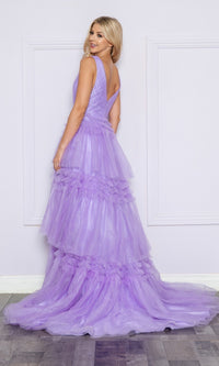 Ruffled Long V-Neck Prom Ball Gown: Poly USA 9406