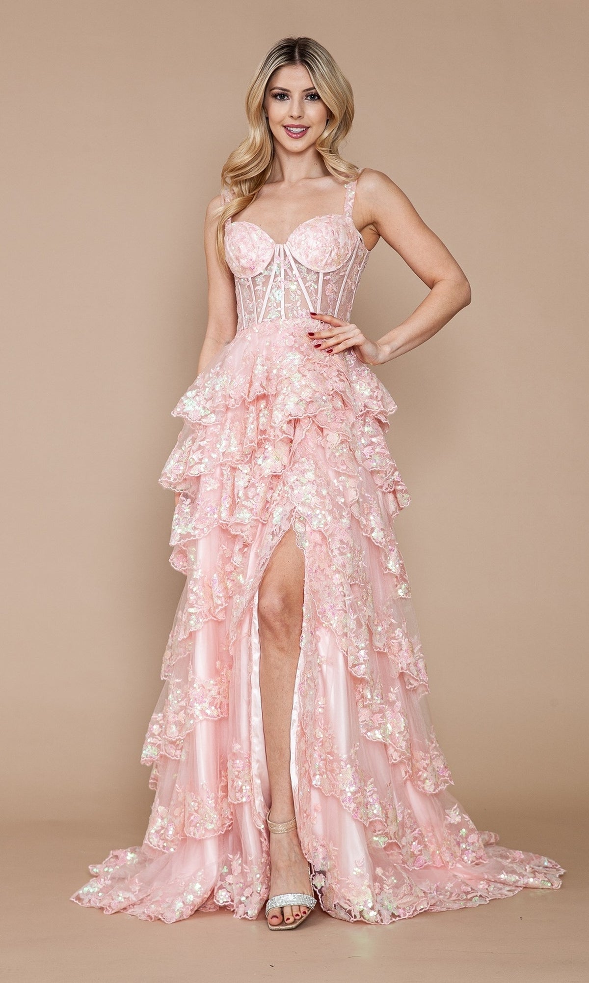 Sheer-Corset Long Ruffled Prom Dress: Poly USA 9410