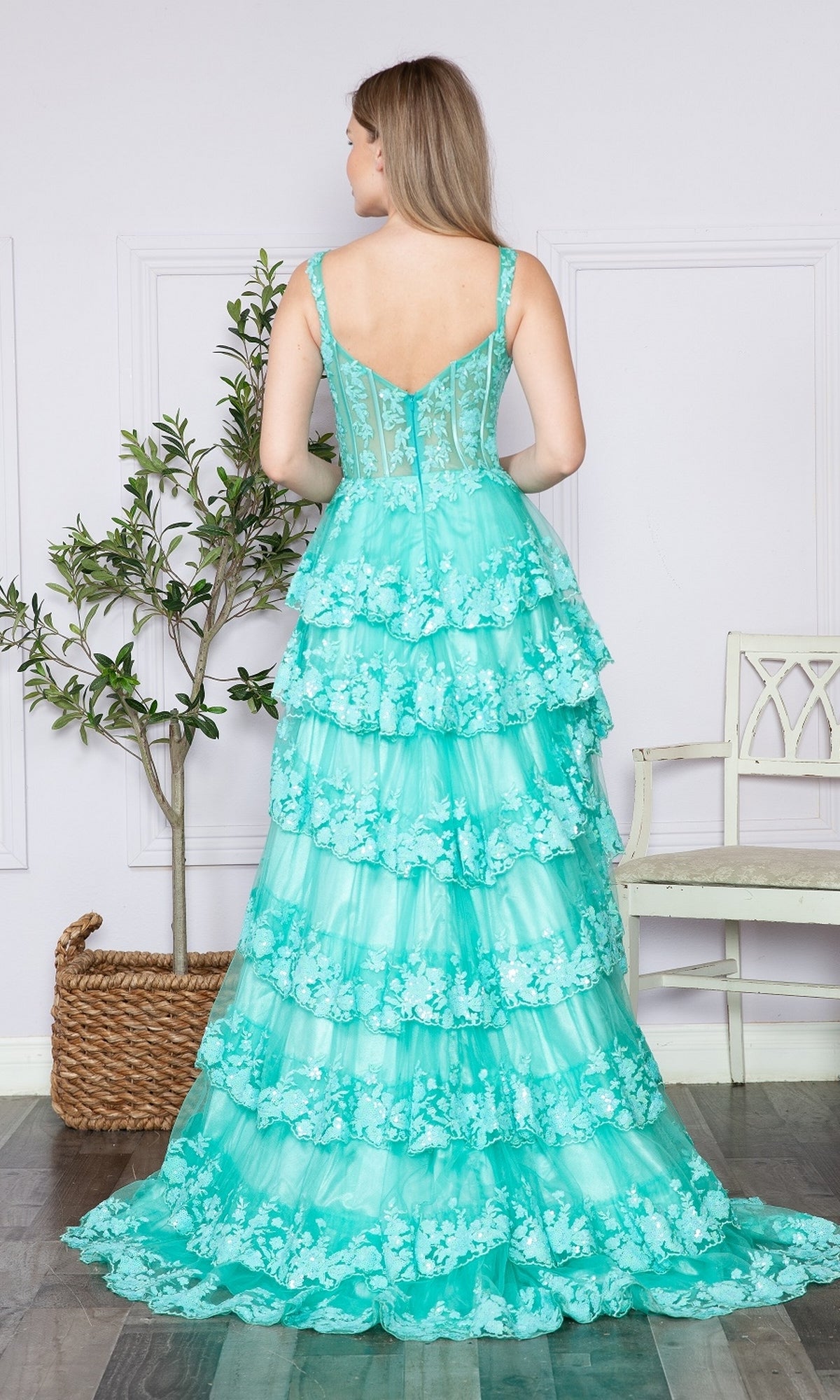 Sheer-Corset Long Ruffled Prom Dress: Poly USA 9410