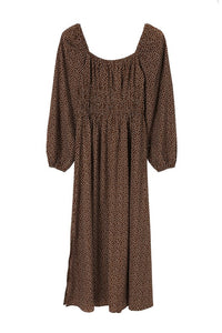 Brown Floral-Print Long Sleeve Tea-Length Dress