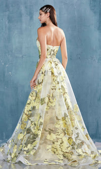 Lemon Yellow Floral-Print Long Prom Dress A0770