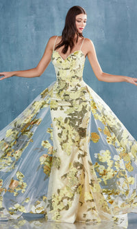 Lemon Yellow Floral-Print Long Prom Dress A0770