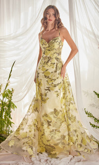 Lemon Yellow Floral-Print Long Prom Dress A0770