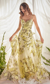 Lemon Yellow Floral-Print Long Prom Dress A0770