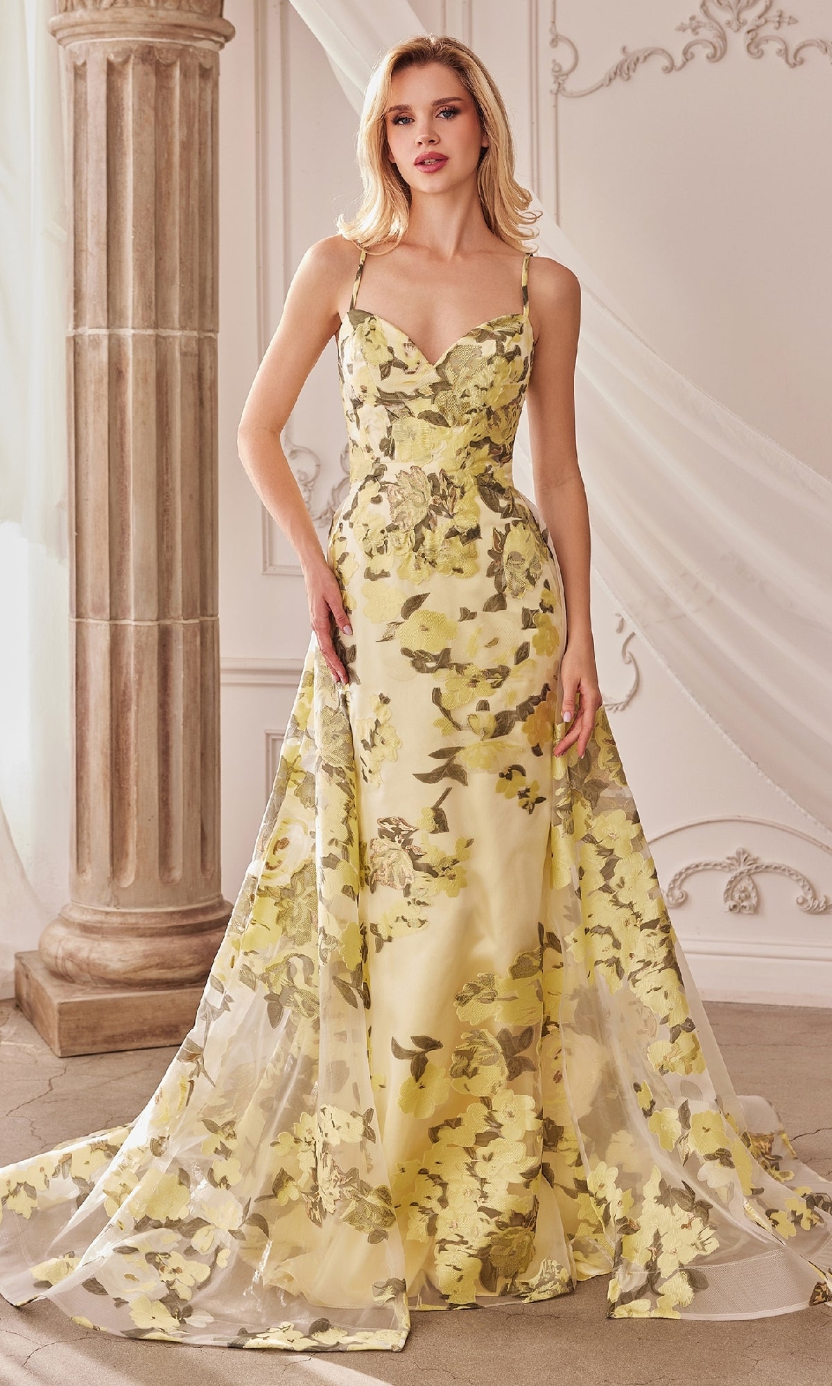 Lemon Yellow Floral-Print Long Prom Dress A0770